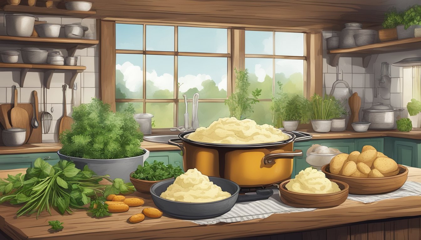 A rustic kitchen with a pot of mashed potatoes on the stove, surrounded by fresh herbs and a bowl of gluten-free ingredients