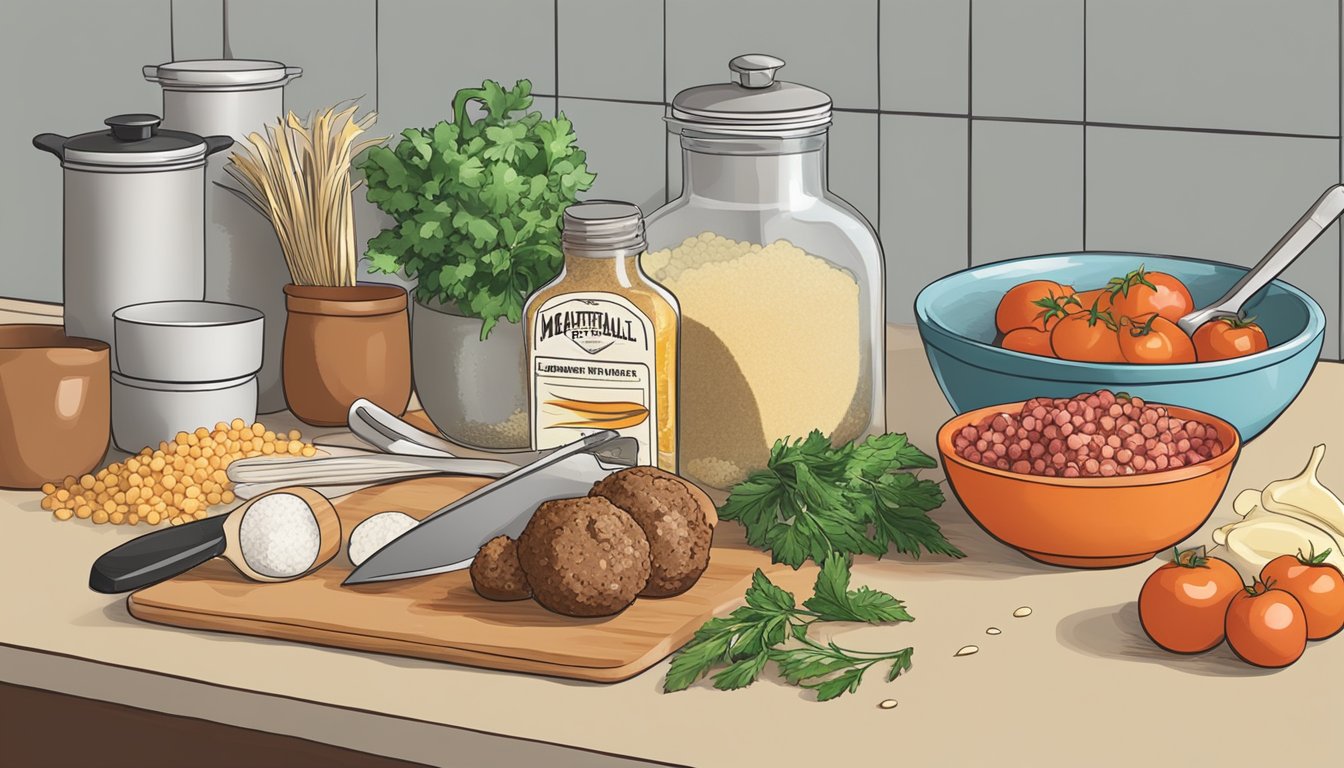 A kitchen counter with a cutting board, knife, mixing bowl, and various ingredients for making gluten-free meatballs