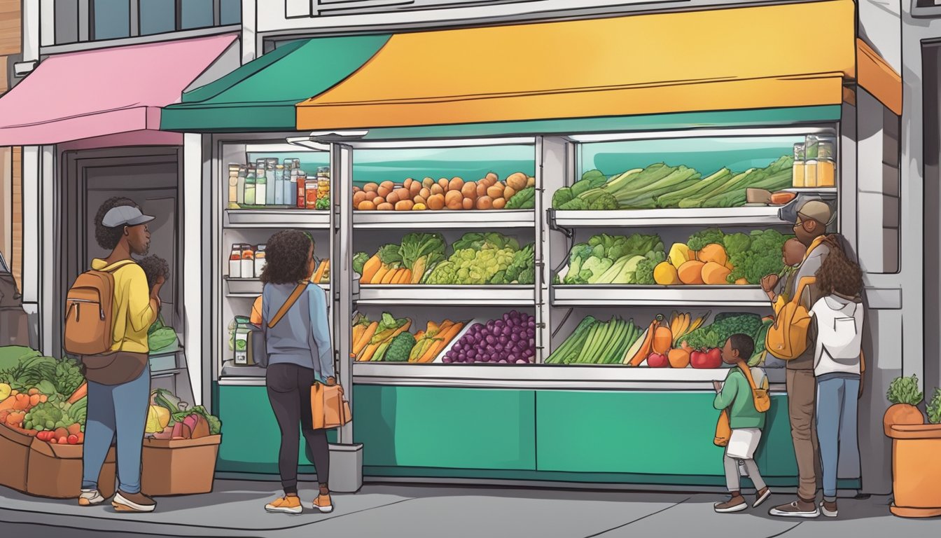 A colorful community fridge in Everett, WA, filled with fresh produce and food items, surrounded by a diverse group of people accessing its contents