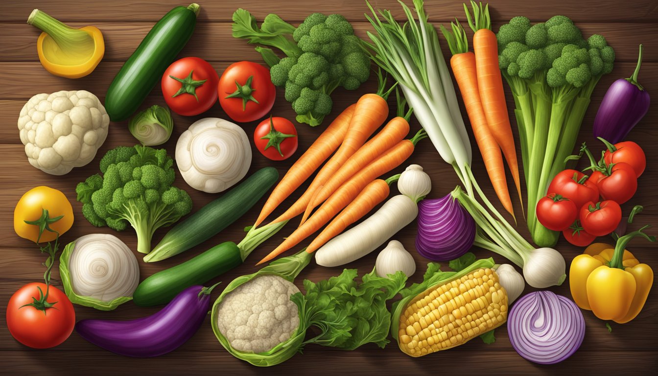 A colorful array of fresh, gluten-free mixed vegetables arranged on a rustic wooden cutting board, with vibrant colors and textures