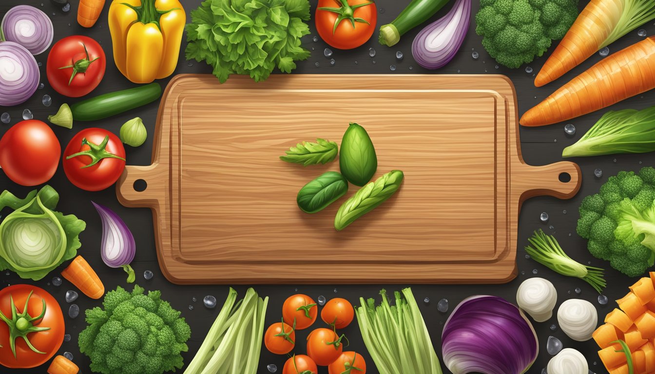 A colorful array of fresh gluten-free mixed vegetables arranged on a wooden cutting board, with droplets of water glistening on their vibrant surfaces