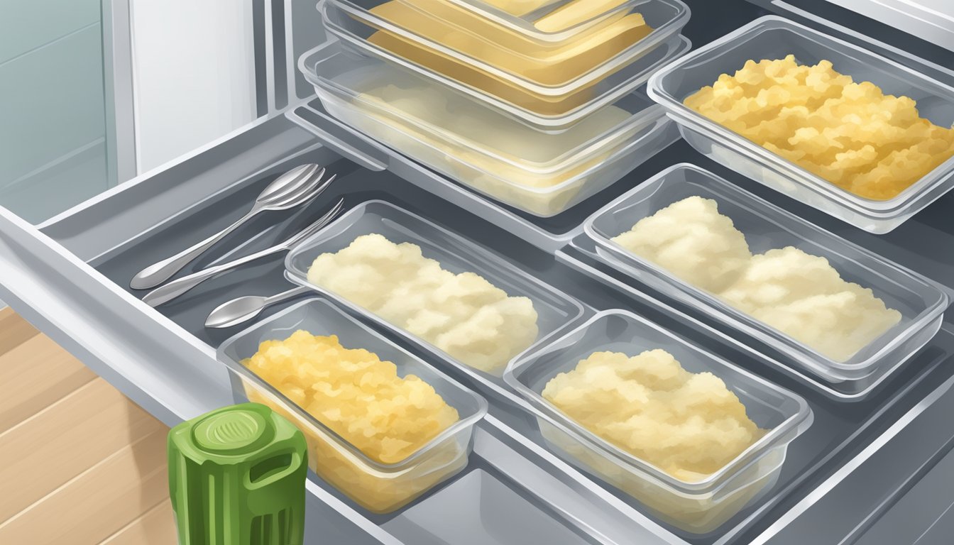 A clean kitchen with separate utensils for gluten-free mashed potatoes, stored in a sealed container in the fridge