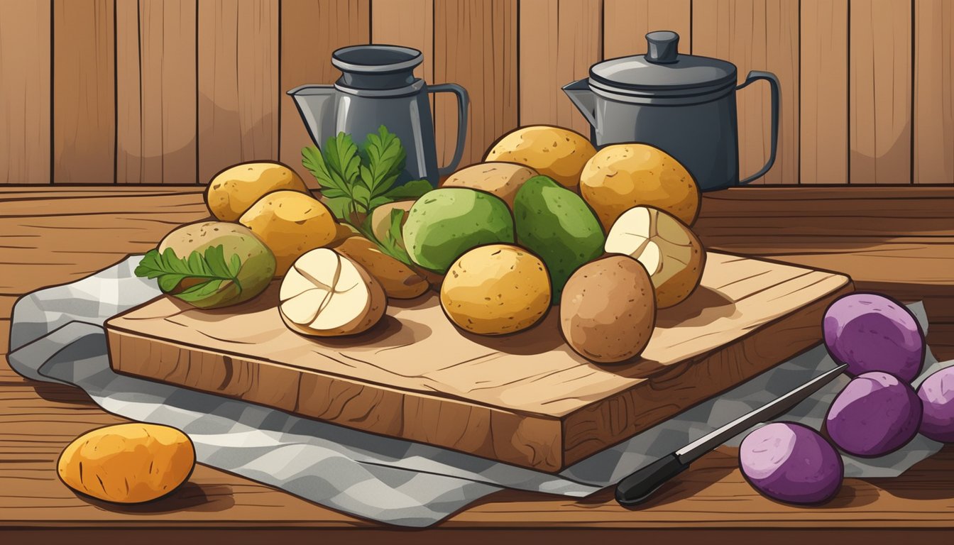 A rustic kitchen counter with a variety of colorful potatoes, a wooden cutting board, and a chef's knife