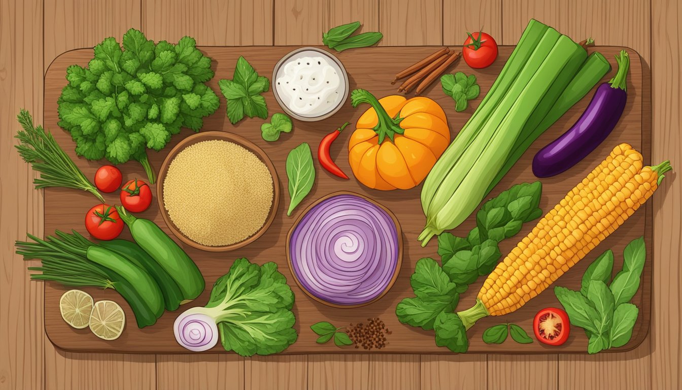 A colorful array of fresh gluten-free mixed vegetables arranged on a wooden cutting board, with various herbs and spices scattered around