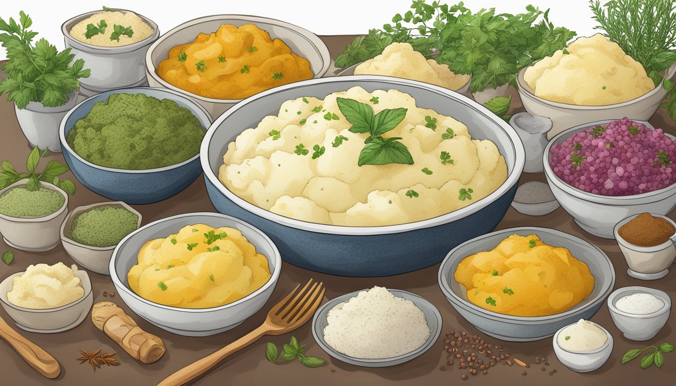 A colorful array of fresh, gluten-free mashed potatoes in various serving dishes, surrounded by herbs and spices, with a label indicating the expiration date