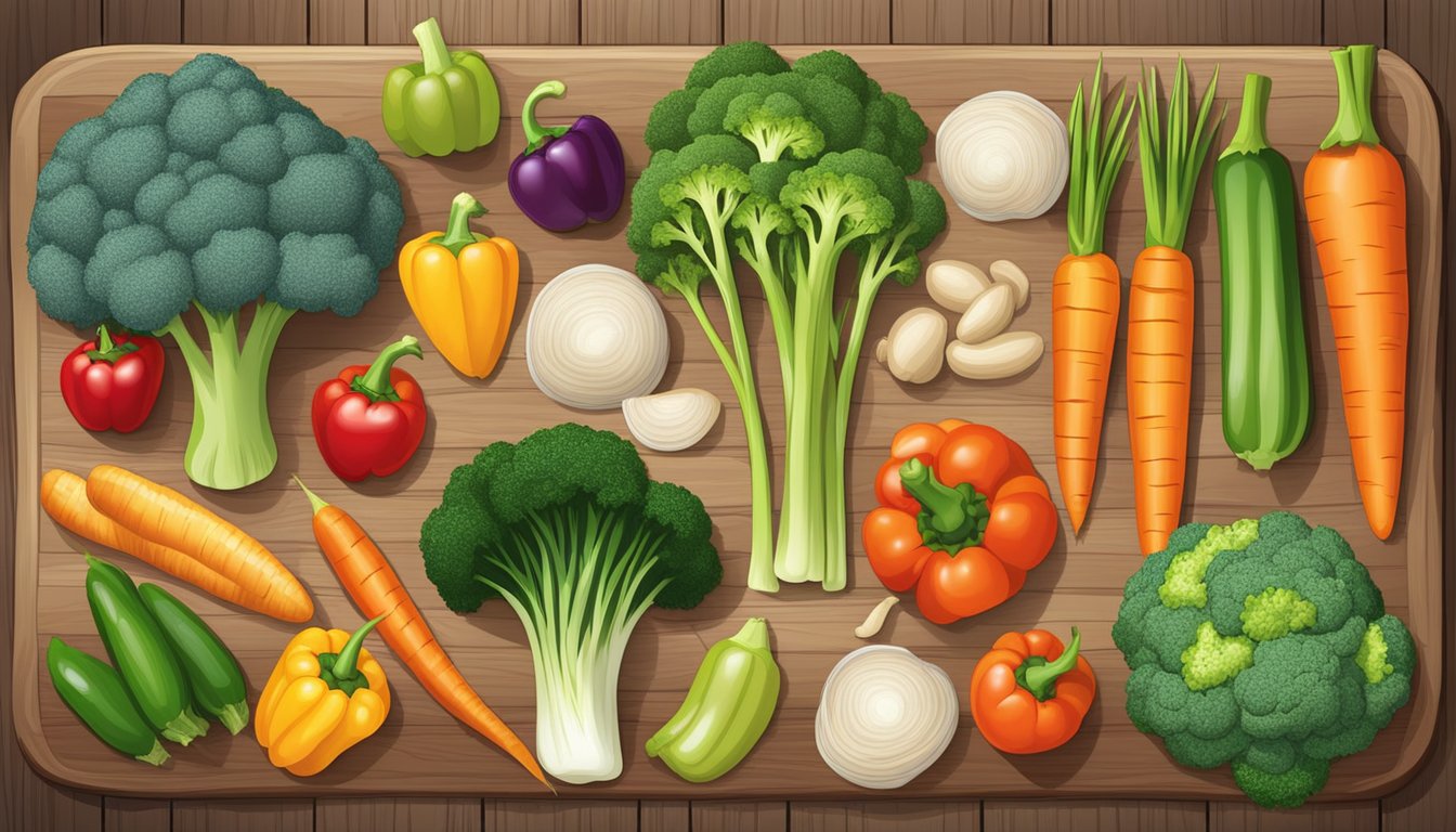 A colorful array of fresh gluten-free vegetables, including carrots, broccoli, and bell peppers, arranged on a wooden cutting board