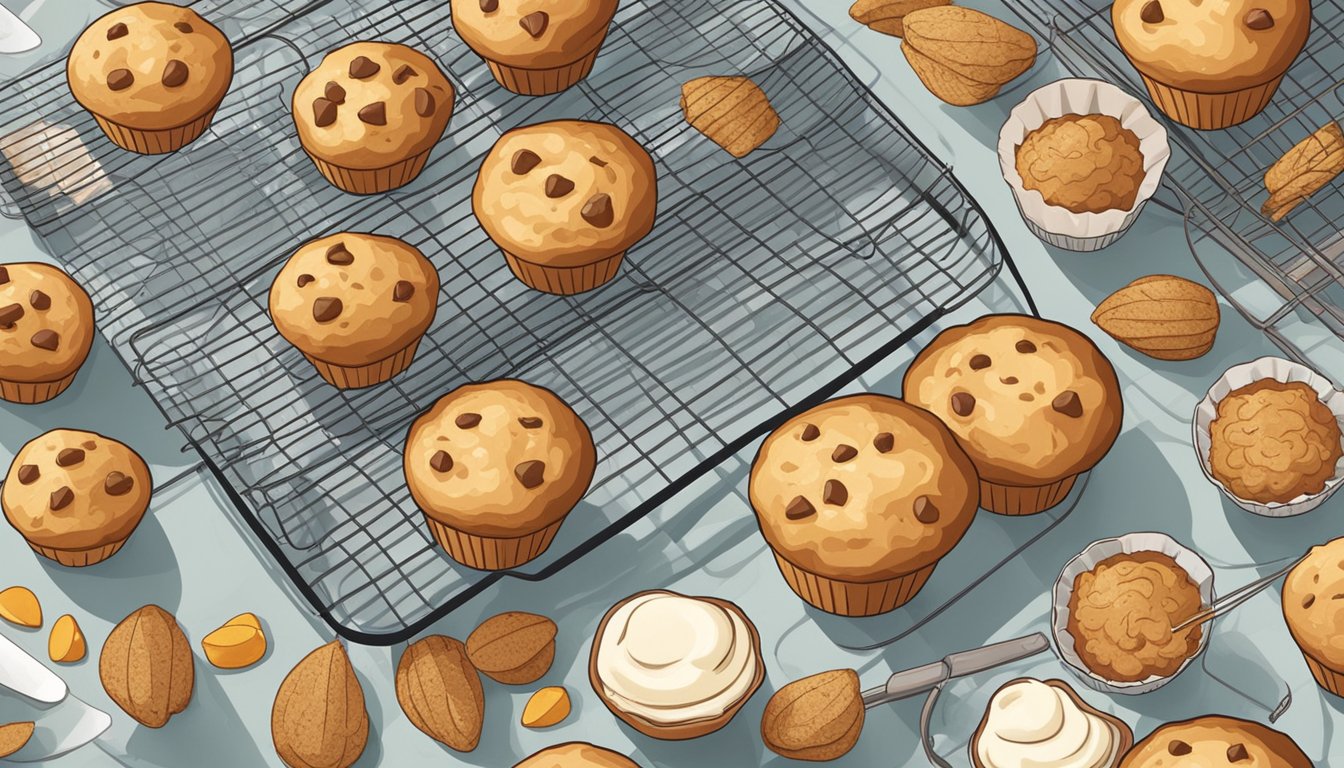 A kitchen counter with freshly baked gluten-free muffins cooling on a wire rack, surrounded by scattered baking ingredients and utensils