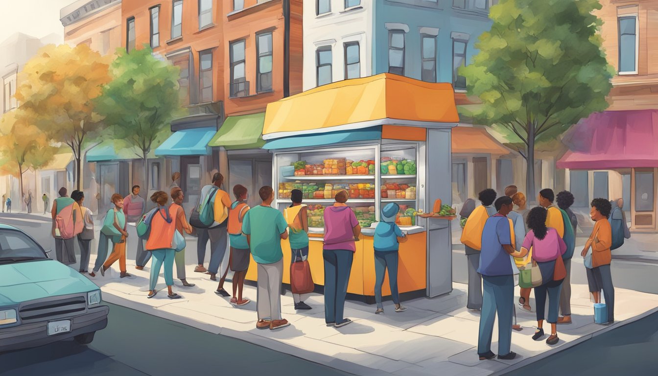 A bustling street corner with a colorful community fridge surrounded by diverse individuals donating and taking food