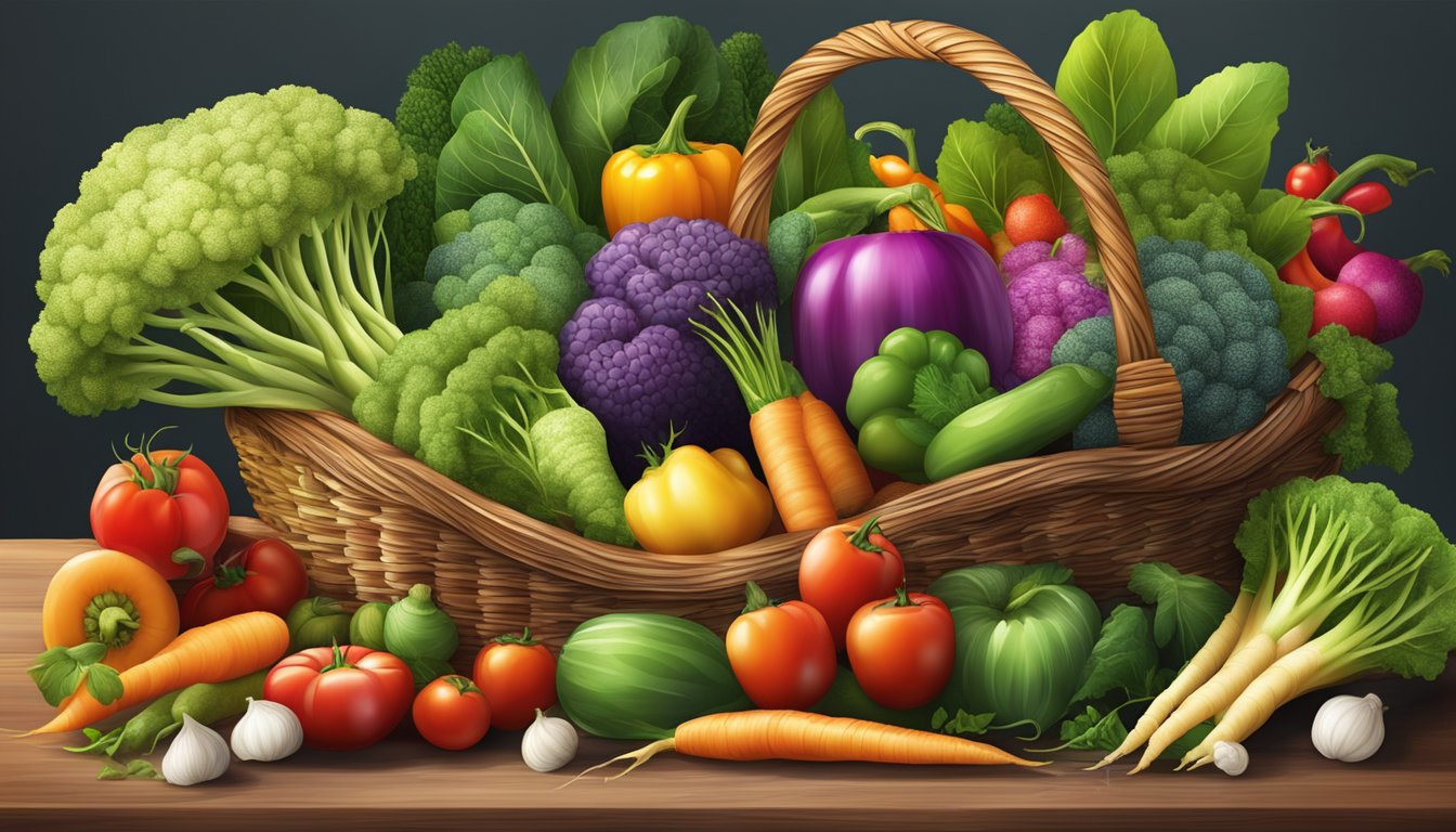 A colorful assortment of fresh vegetables spilling out of a wicker basket, with a variety of textures and shapes