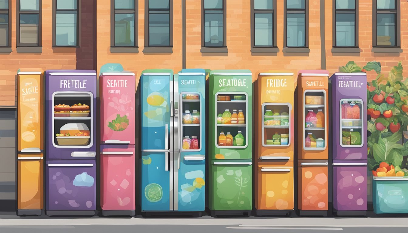 A row of colorful, decorated fridges lined up on a city sidewalk, filled with various food items and labeled with the Seattle Community Fridge Network logo