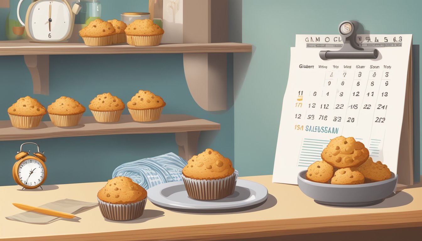 A plate of gluten-free muffins sits on a kitchen shelf, surrounded by a calendar and a clock, showing the passage of time