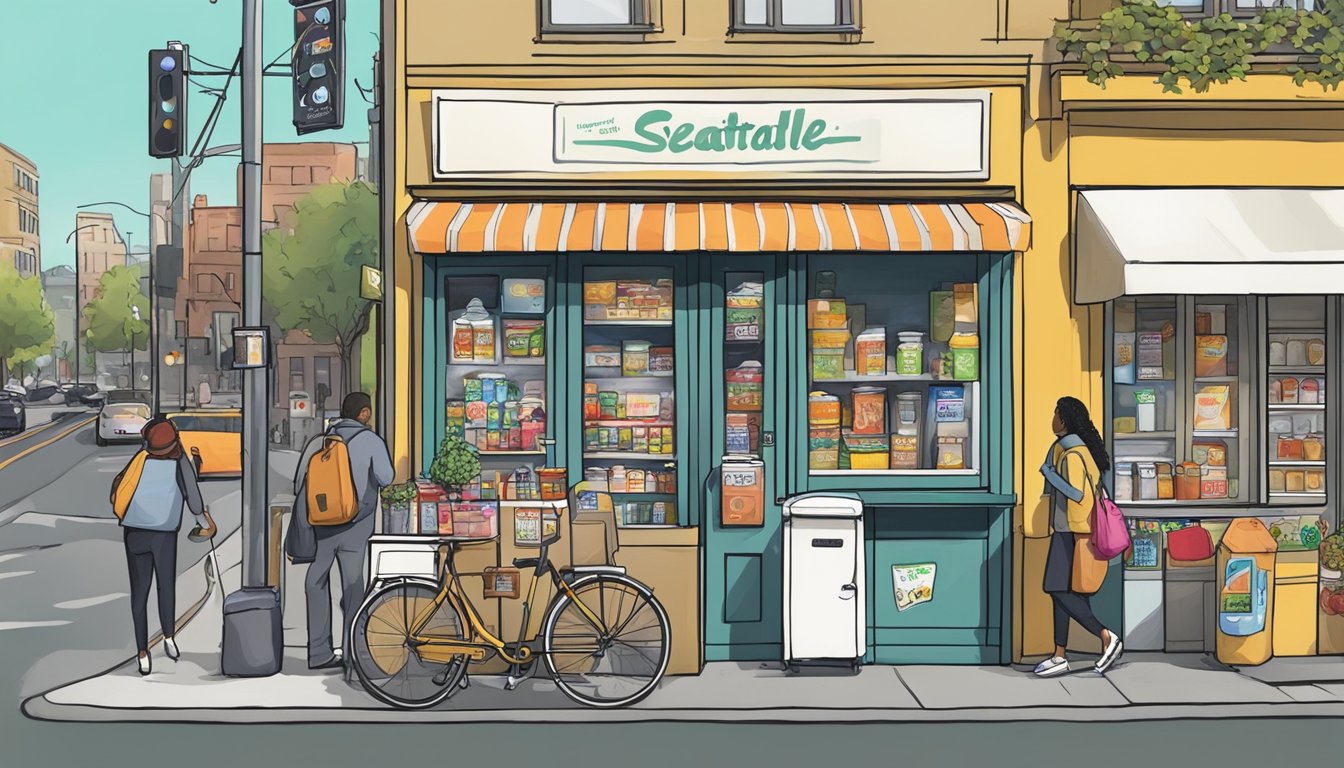 A bustling street corner in Seattle, Washington, with a colorful community fridge adorned with stickers and filled with donated food items