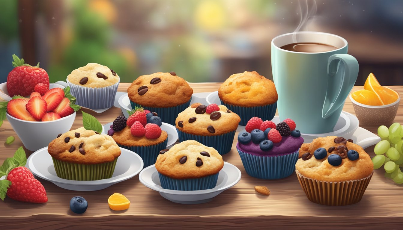 A colorful array of gluten-free muffins in various flavors and toppings, arranged on a rustic wooden table with fresh fruit and a steaming cup of coffee nearby