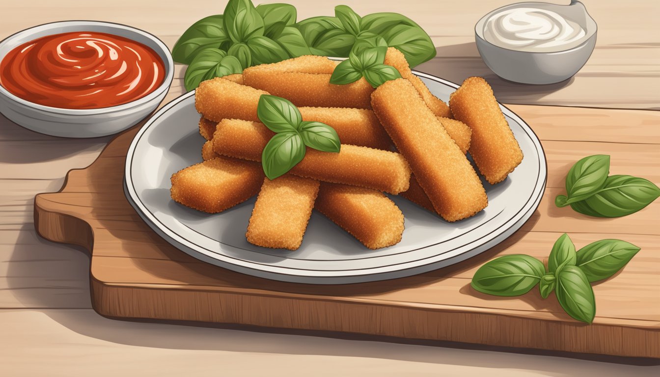 A plate of gluten-free mozzarella sticks sits on a wooden cutting board, surrounded by marinara sauce and fresh basil leaves