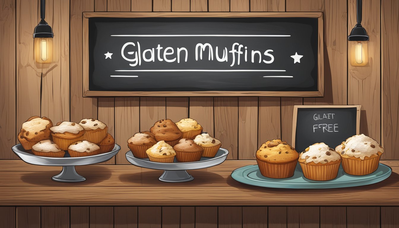 A display of various gluten-free muffins on a rustic wooden table, with a chalkboard sign indicating the different specialty flavors