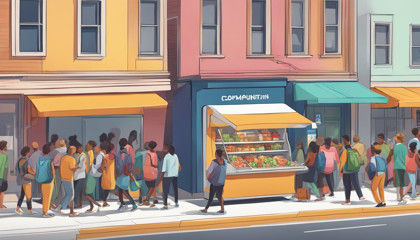 A bustling street with a colorful community fridge surrounded by people donating and taking food