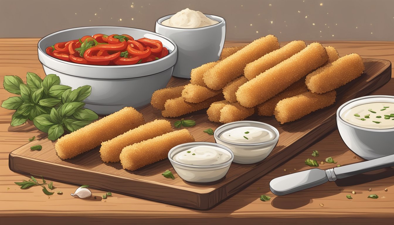 A plate of gluten-free mozzarella sticks sits on a wooden cutting board, surrounded by a variety of seasonings and flavorings such as garlic, oregano, and red pepper flakes