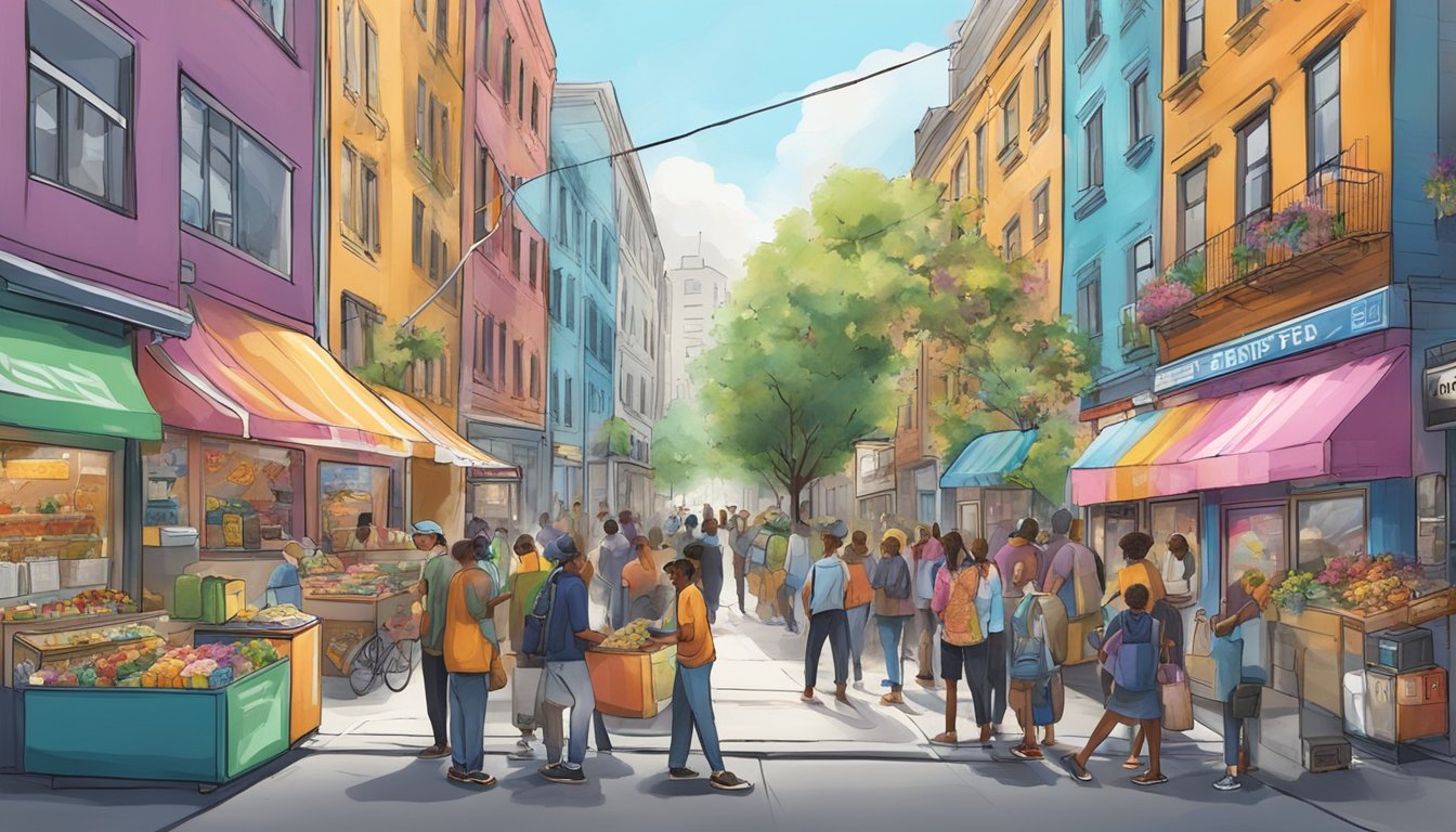 A bustling city street with a colorful, graffiti-covered community fridge surrounded by people adding food and taking items out