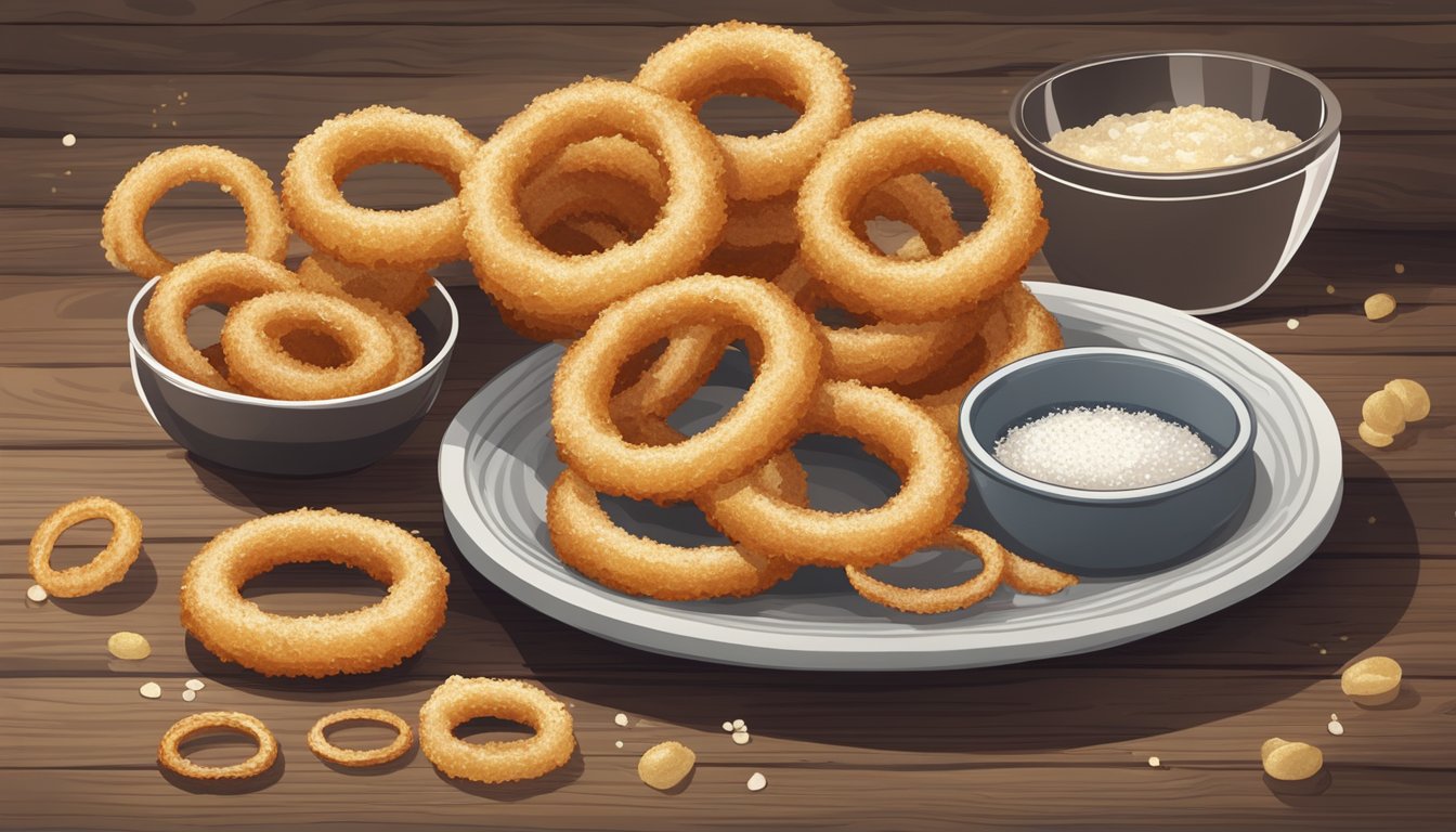 A plate of golden, crispy gluten-free onion rings sits on a rustic wooden table, surrounded by a sprinkle of sea salt and a side of tangy dipping sauce