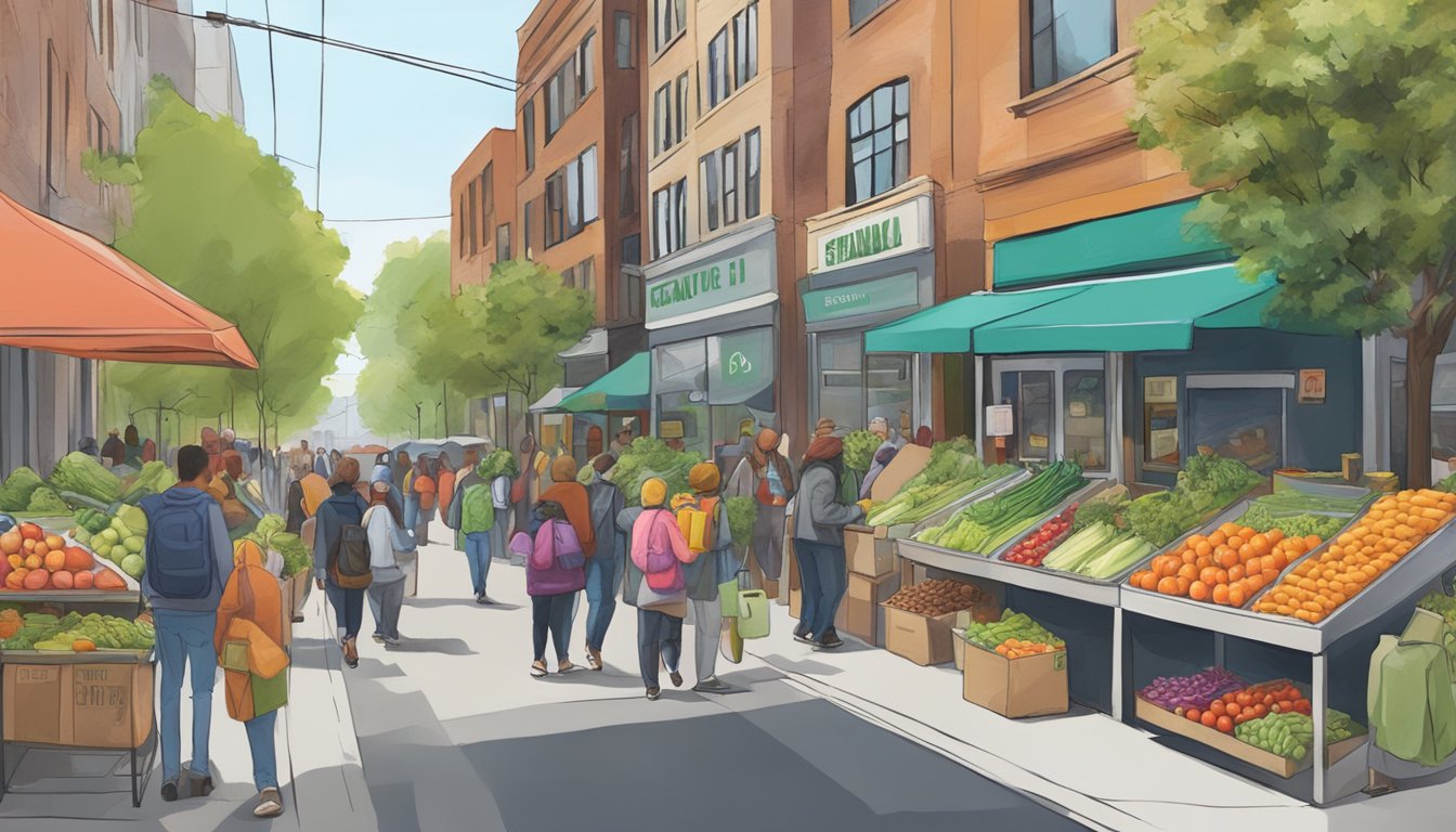 A bustling Seattle street with a colorful community fridge filled with fresh produce and healthy food donations