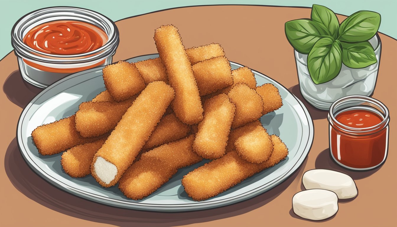 A plate of gluten-free mozzarella sticks next to a jar of marinara sauce, with a sprinkle of fresh basil leaves for garnish