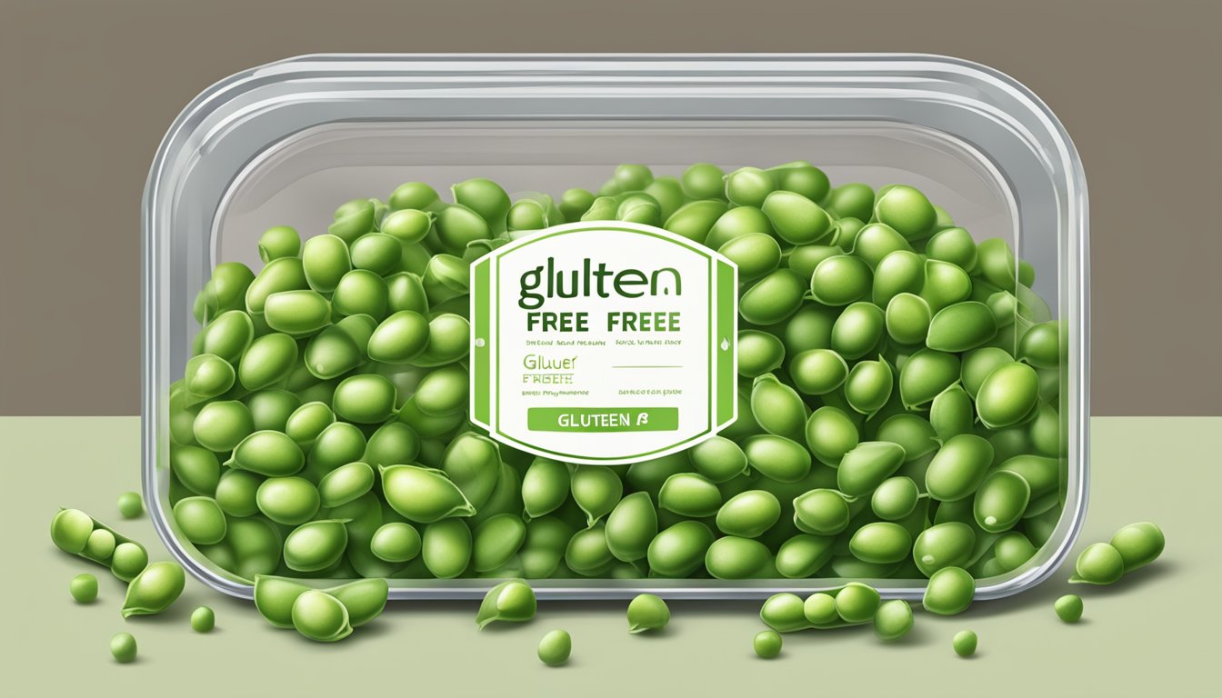 A colorful pile of fresh peas in a clear, airtight container with a "gluten-free" label