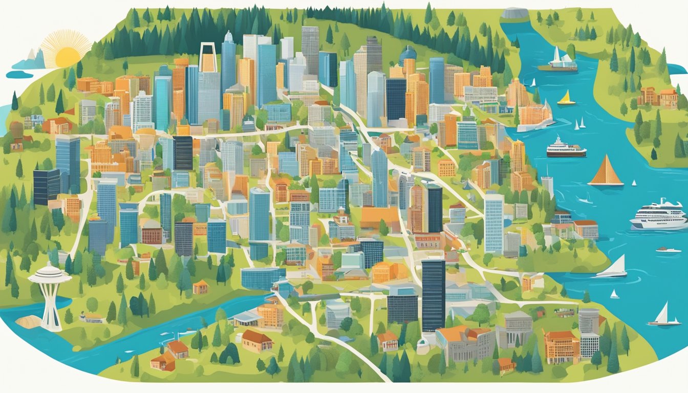 A colorful map of Seattle with various community fridges marked, surrounded by local landmarks and vibrant neighborhoods