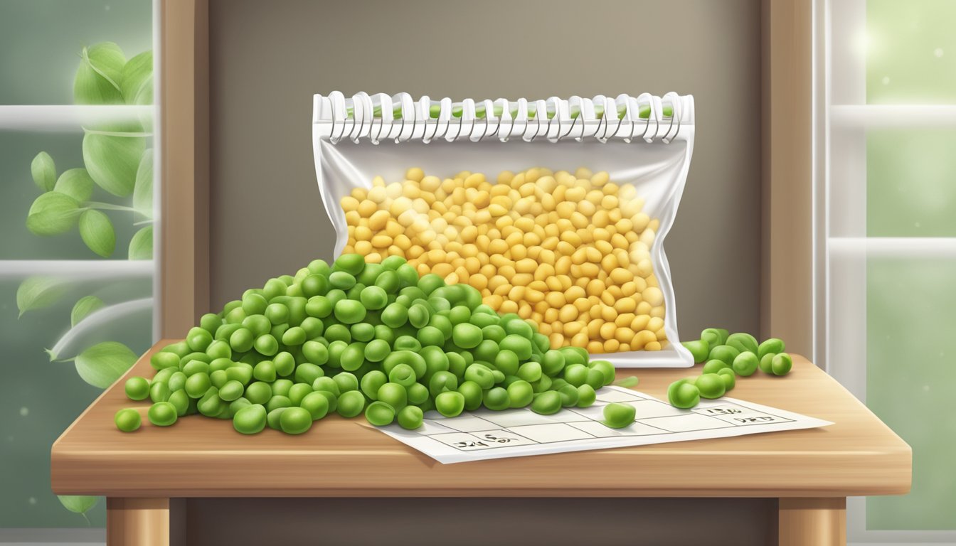 A shelf with gluten-free peas in a sealed package, surrounded by a calendar and a clock to indicate the passage of time