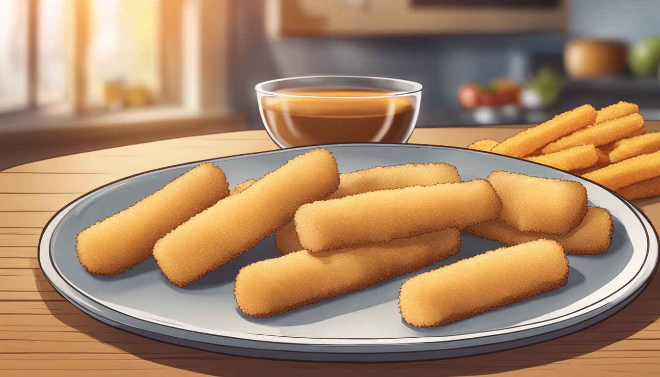 A plate of gluten-free mozzarella sticks with a timer set for reheating in the background