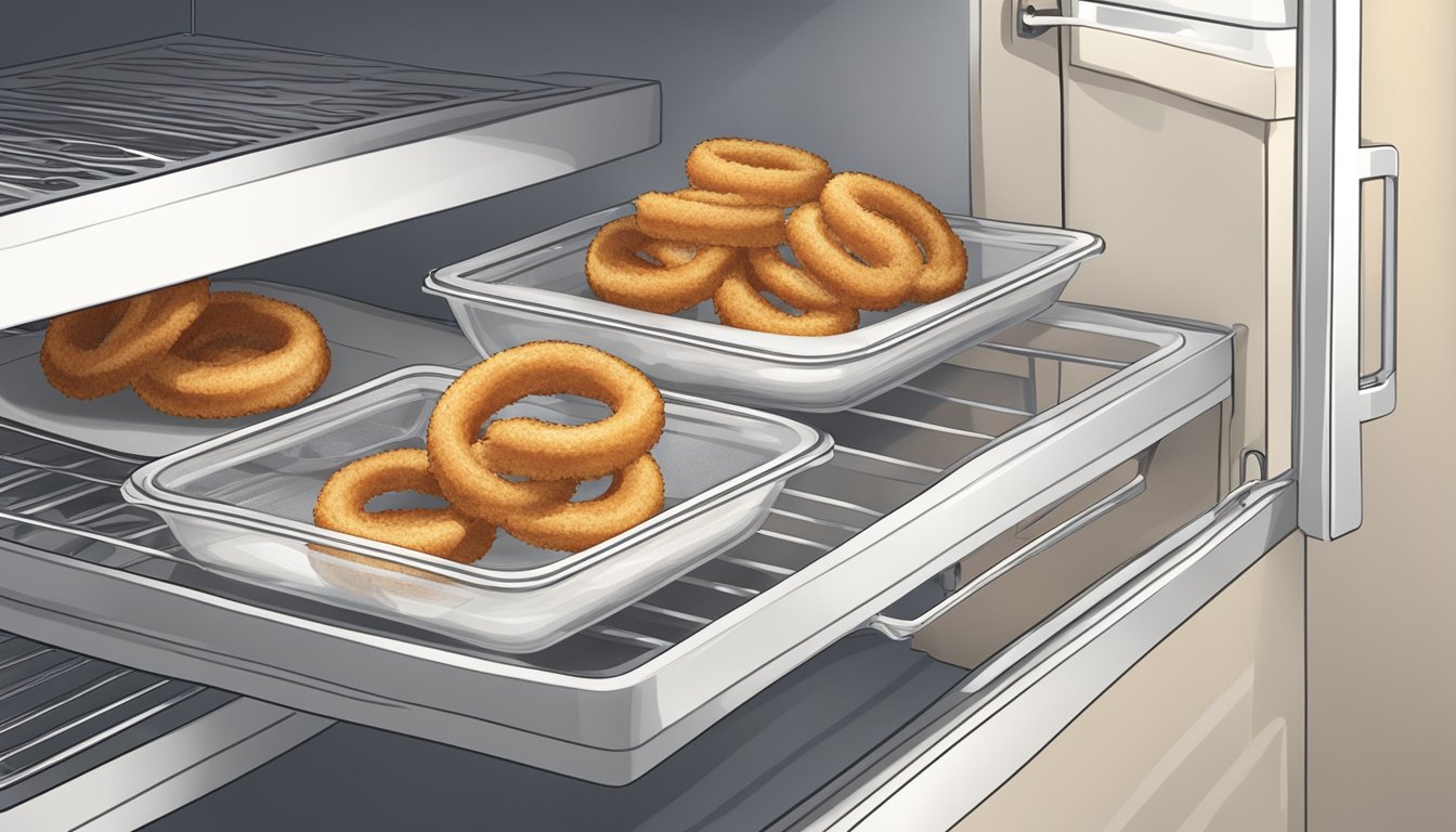 A plate of gluten-free onion rings stored in an airtight container in the refrigerator. A microwave sits nearby for reheating