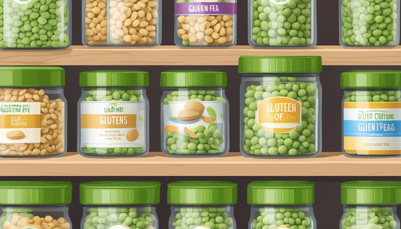 A pantry shelf with a clear, airtight container of gluten-free peas, labeled with the date of purchase