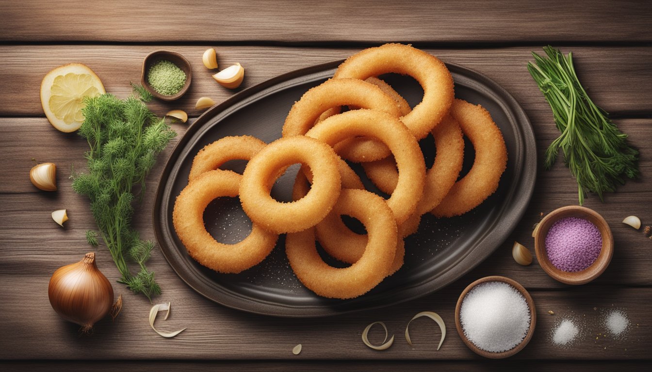 A plate of gluten-free onion rings sits on a rustic wooden table, surrounded by fresh herbs and a sprinkle of sea salt