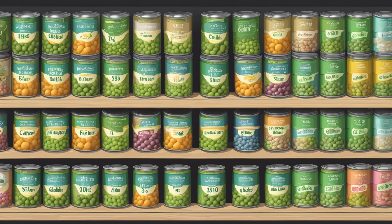 A pantry shelf with a row of canned gluten-free peas, expiration date clearly labeled