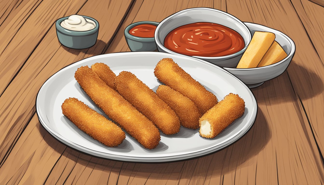 A plate of gluten-free mozzarella sticks sits on a wooden table, alongside a bowl of marinara sauce. The sticks are golden brown and crispy, with melted cheese oozing out