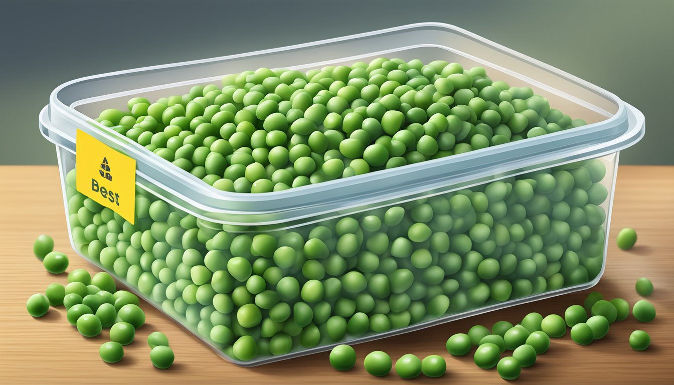 A colorful pile of fresh gluten-free peas in a clear, airtight container, with a "best by" date label visible