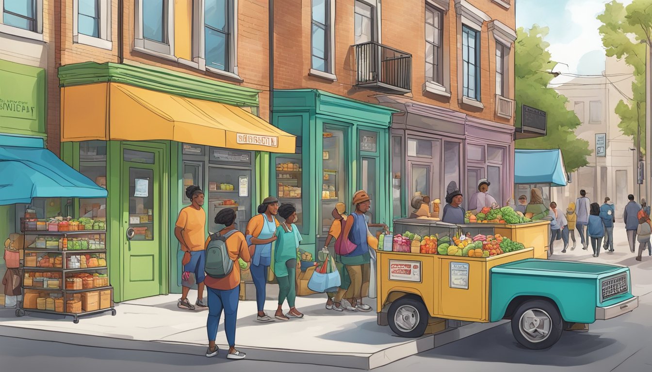 A bustling street corner with a colorful, well-stocked community fridge surrounded by people dropping off and picking up food items