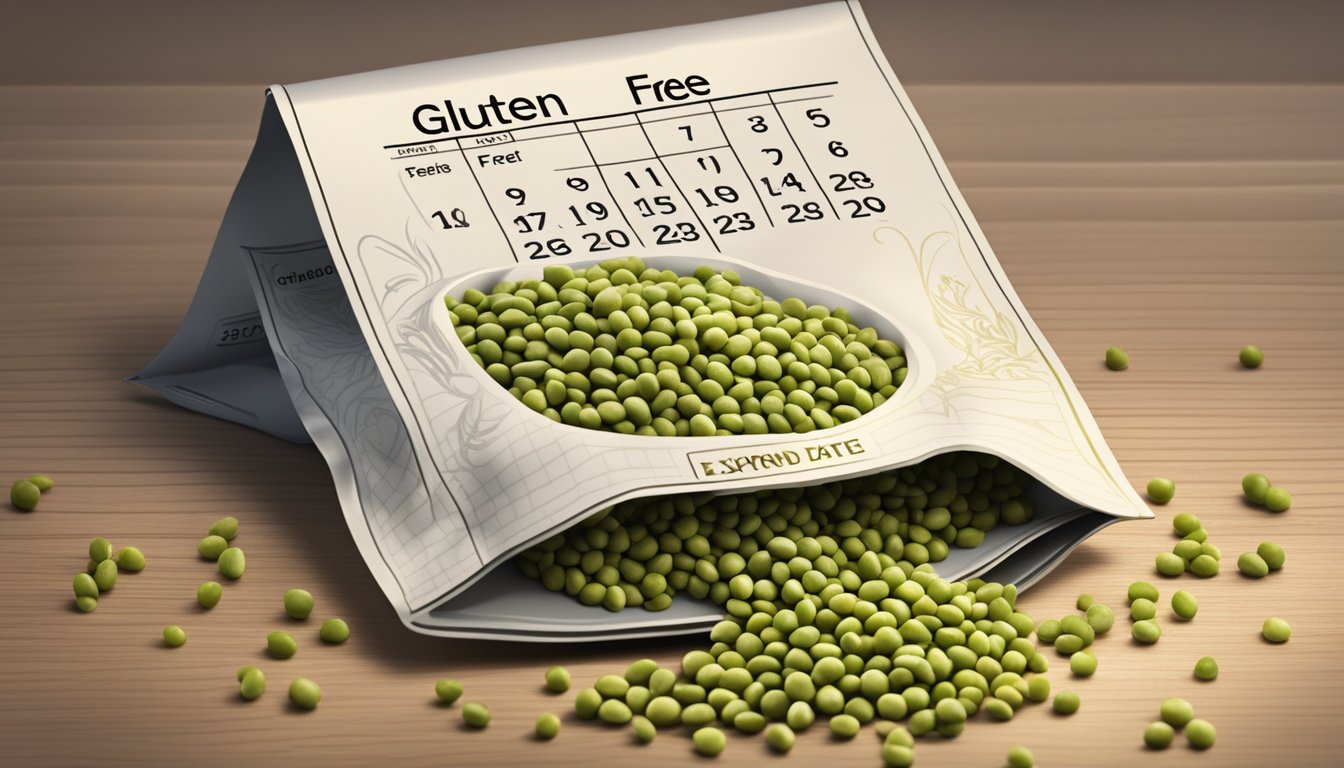 A bag of dried split peas with a "gluten free" label, surrounded by a calendar showing the expiration date