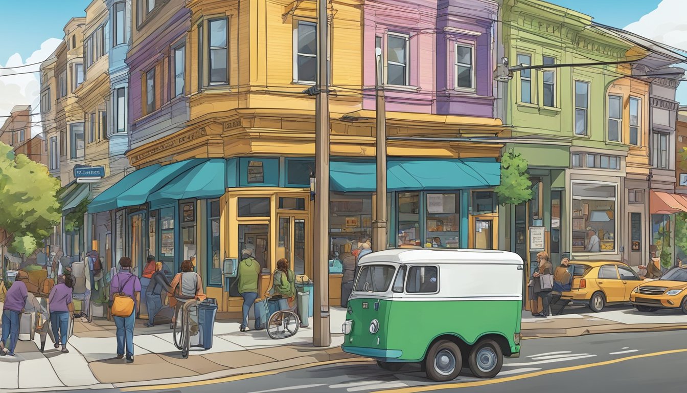 A bustling street corner in Tacoma, Washington, with a colorful community fridge accessible to all