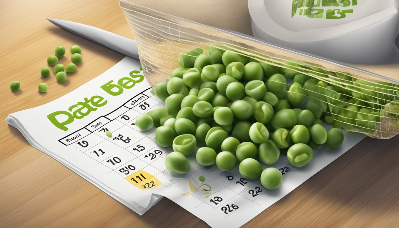 A bag of gluten-free peas sits on a kitchen counter, next to a calendar showing the current date and a "best by" date several months in the future