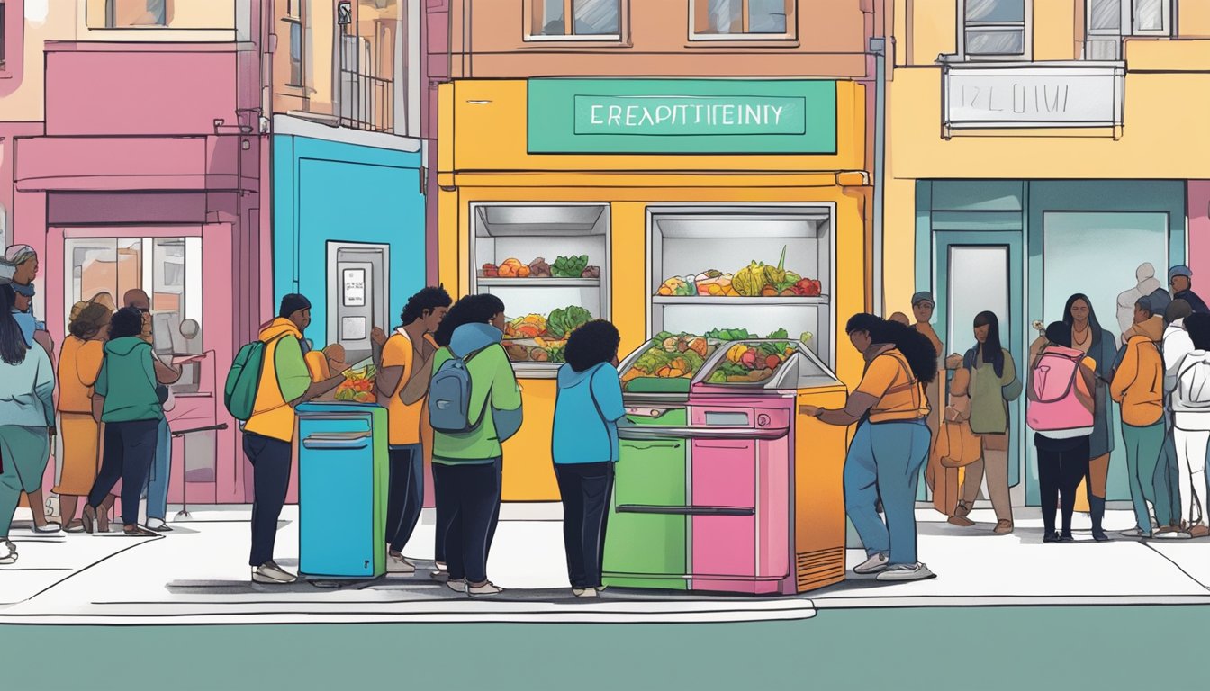 A person placing food in a brightly colored community fridge on a street corner, surrounded by a diverse group of people