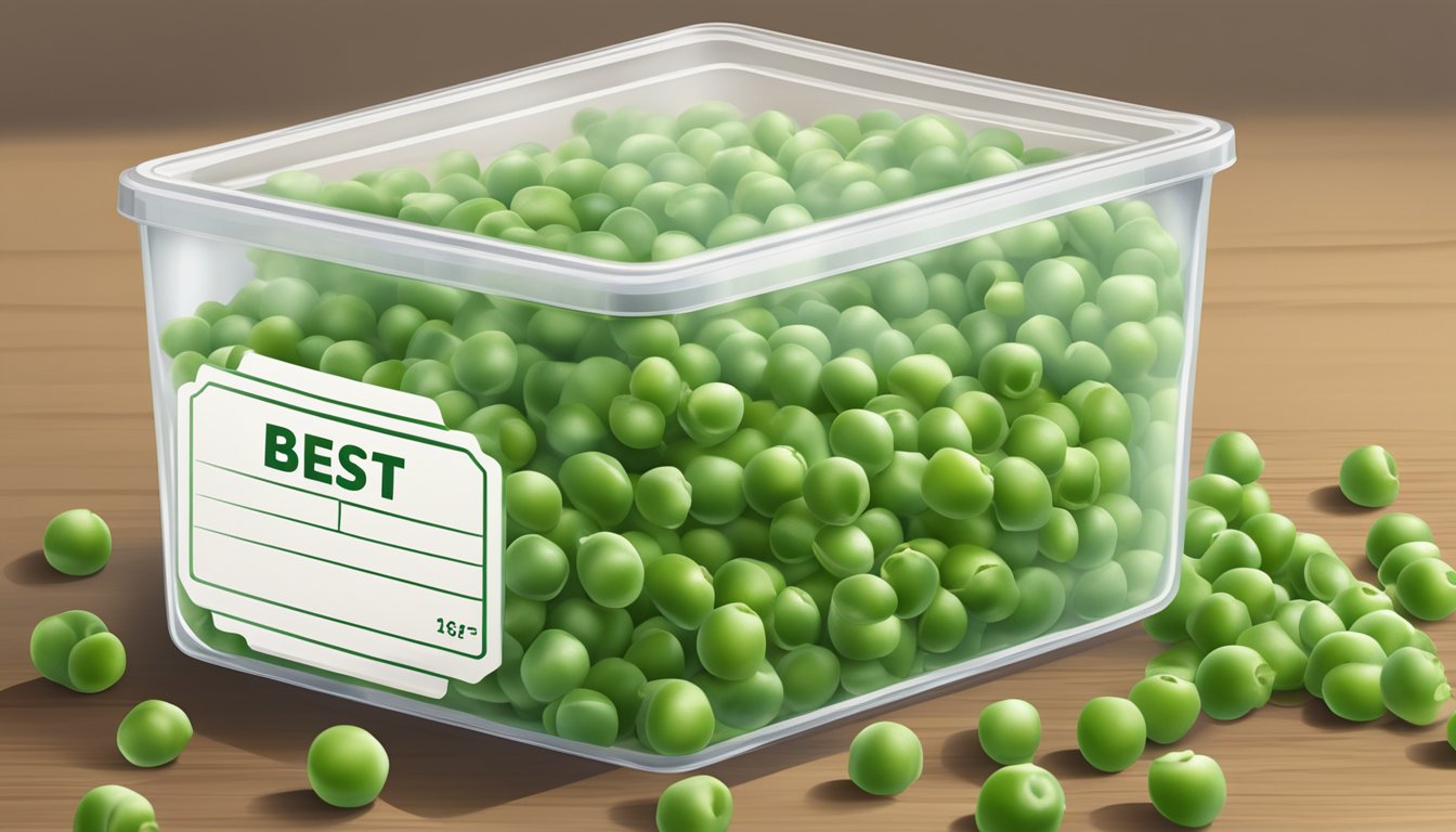 A pile of fresh green peas in a clear, airtight container, with a "best by" date label visible