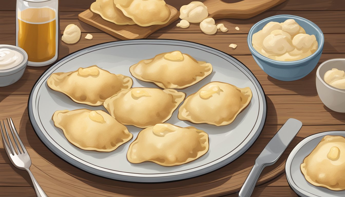 A plate of gluten-free pierogies sits on a rustic wooden table, surrounded by scattered flour and a rolling pin. The pierogies are golden brown and steaming, with a fork resting beside them