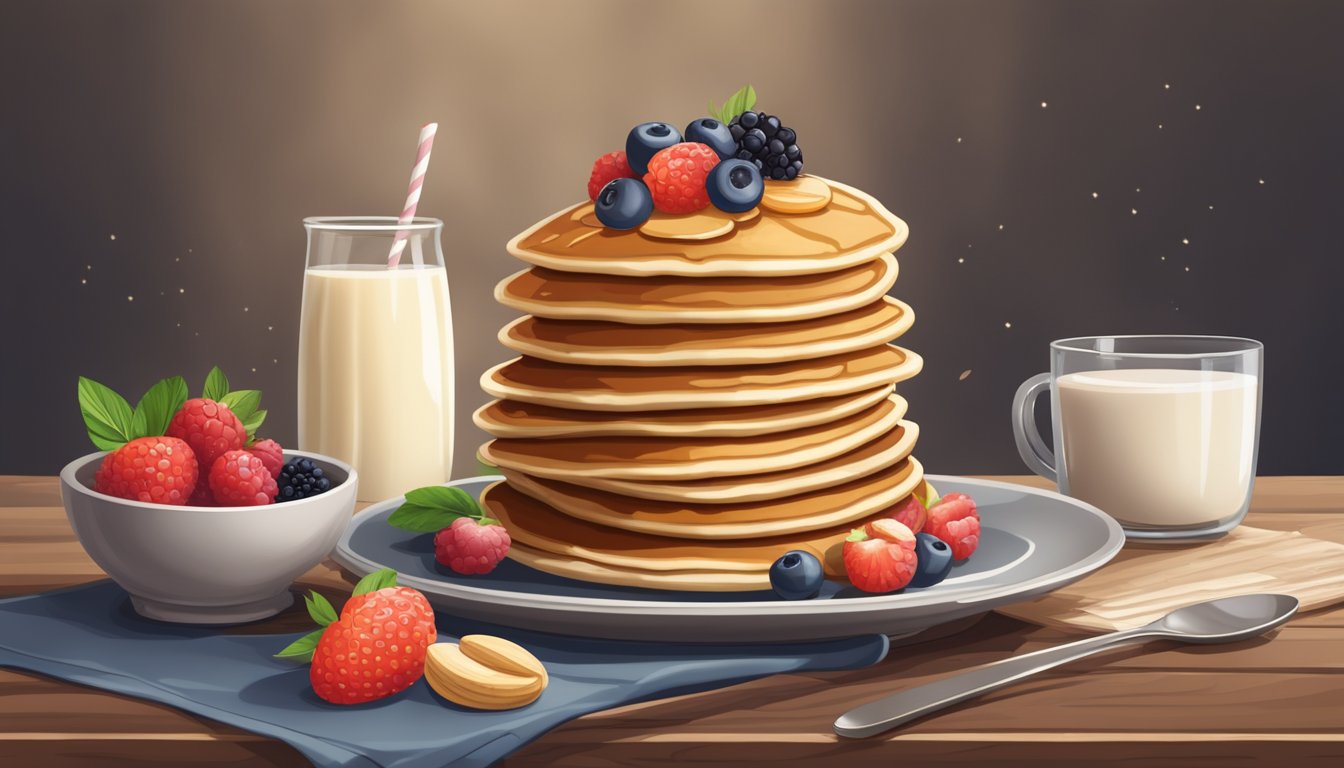 A stack of gluten-free pancakes with fresh berries on a rustic wooden table, accompanied by alternative ingredients like almond flour and oat milk