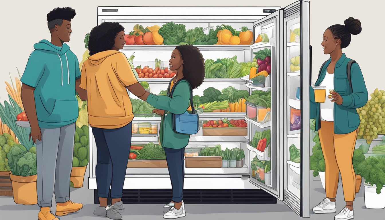 A diverse group of people in Tacoma, WA contribute to and access a community fridge, filled with fresh produce and non-perishable items