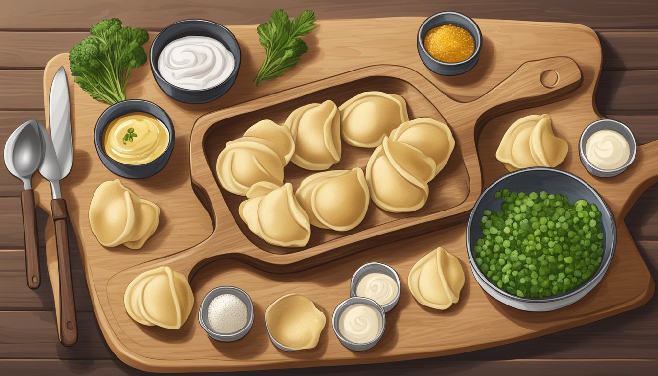 Gluten-free pierogies arranged on a wooden cutting board, surrounded by various ingredients and kitchen utensils