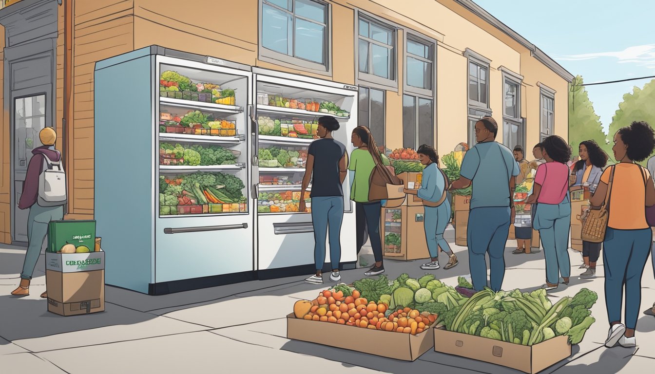 A bustling community fridge in Tacoma, WA, filled with fresh produce and packaged goods, surrounded by a diverse group of people making donations