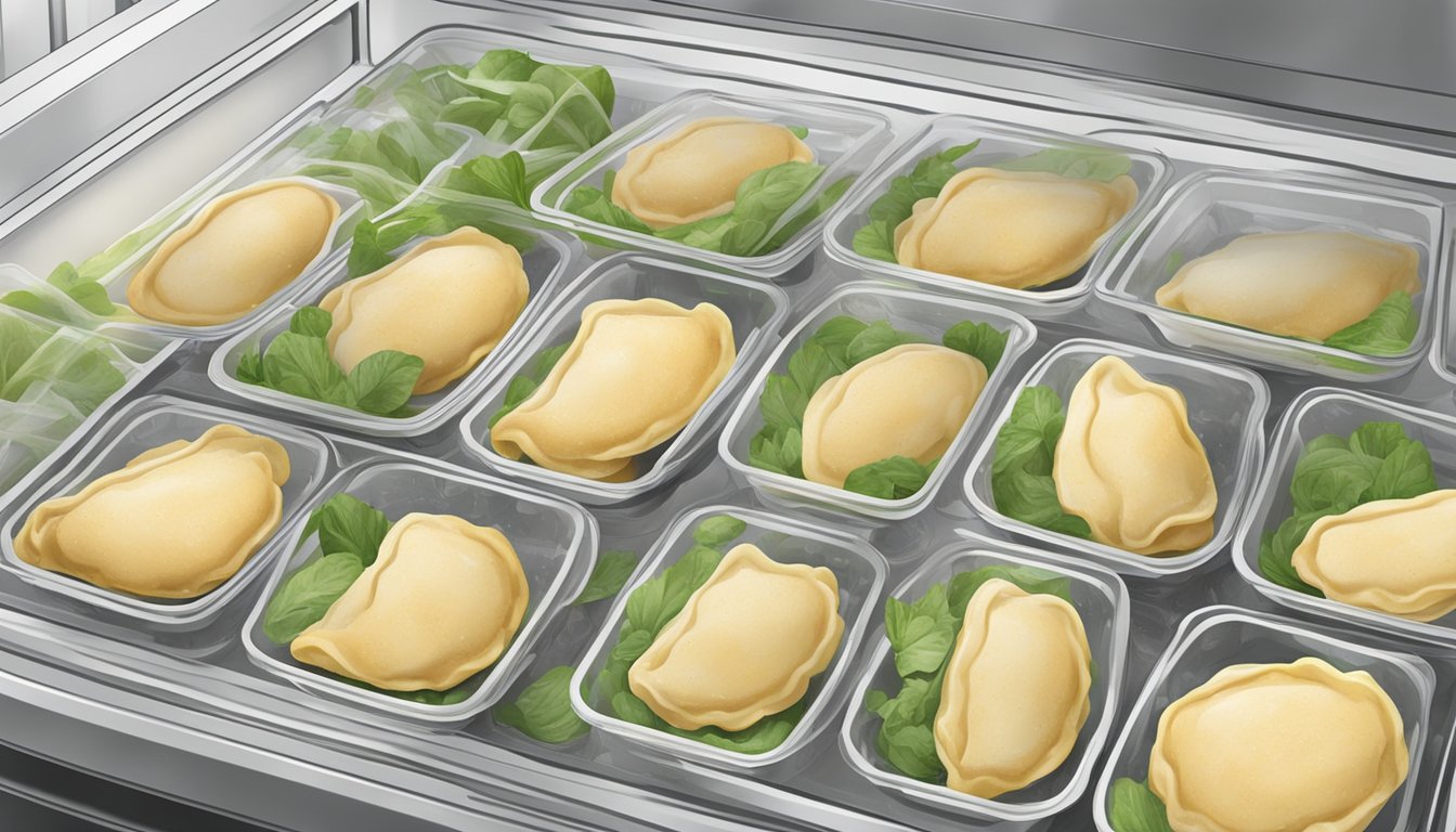 Gluten-free pierogies stored in a sealed container in the refrigerator, with a "use by" date label, surrounded by fresh ingredients