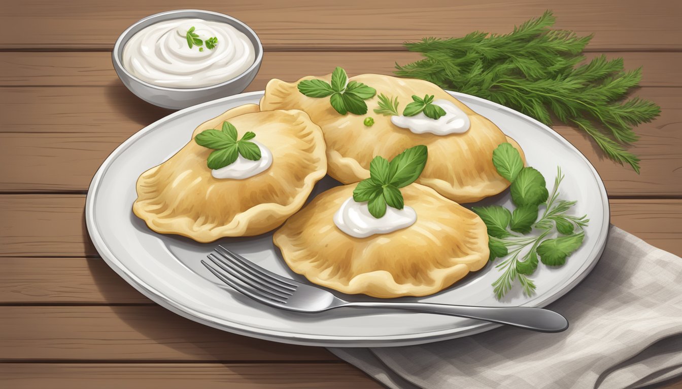 A plate of gluten-free pierogies with a side of sour cream and fresh herbs, set on a rustic wooden table