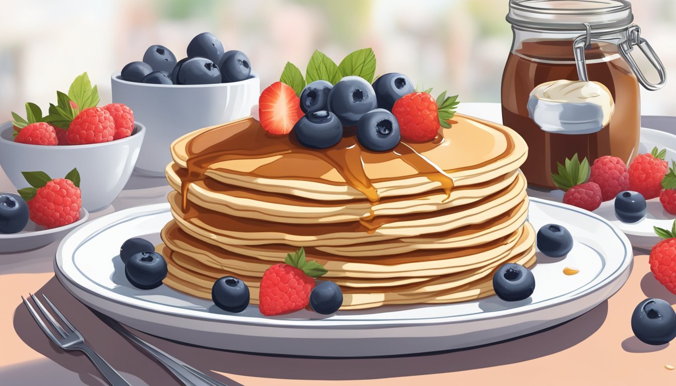 A stack of gluten-free pancakes on a plate, surrounded by fresh berries and a dollop of whipped cream, with a jar of syrup nearby