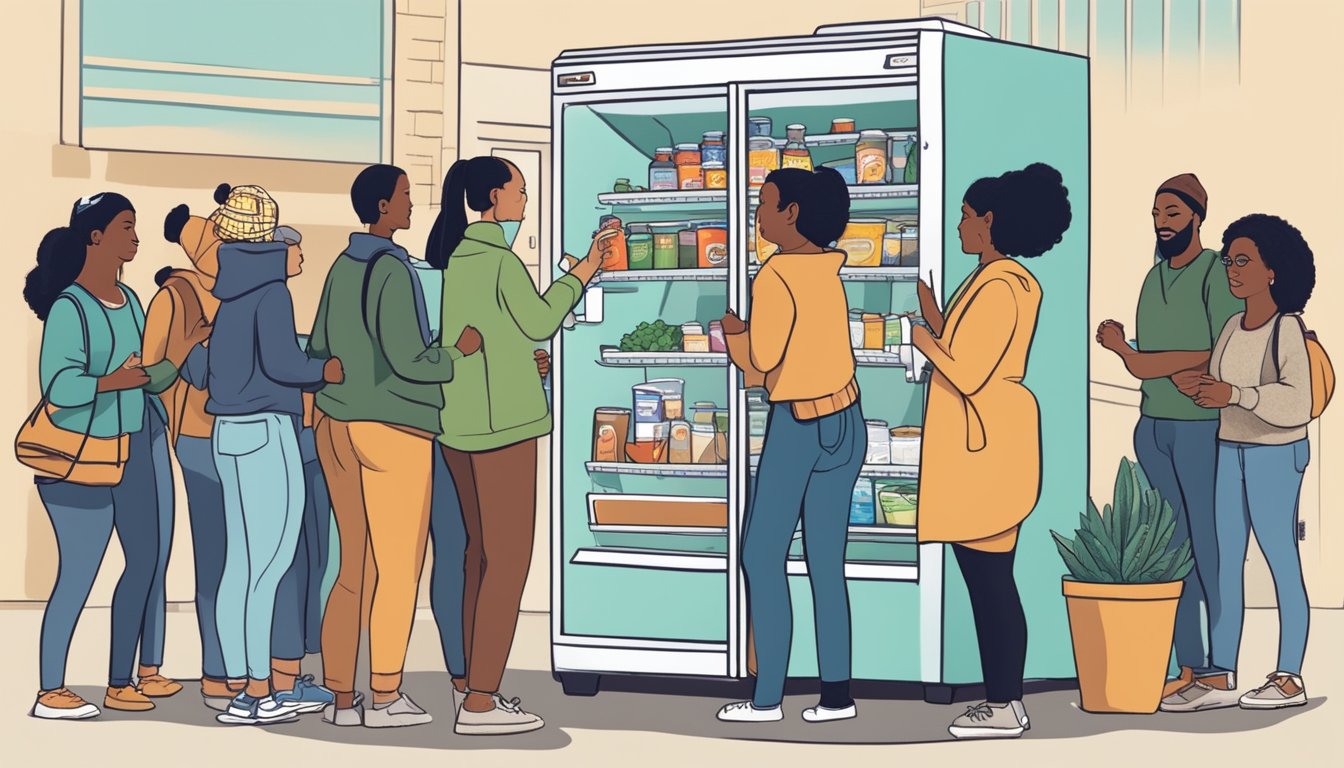 A diverse group of people in Tacoma, WA come together to stock and organize a local community fridge, spreading awareness and involvement in the cause